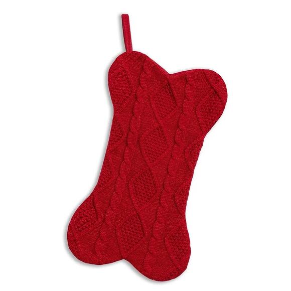 Red Cable Knit Dog Bone Christmas Stocking Pet Holiday Decor Plush NEW - Picture 2 of 6